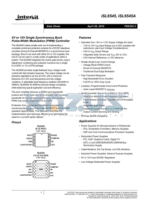 ISL6545AIBZ datasheet - 5V or 12V Single Synchronous Buck Pulse-Width Modulation PWM Controller