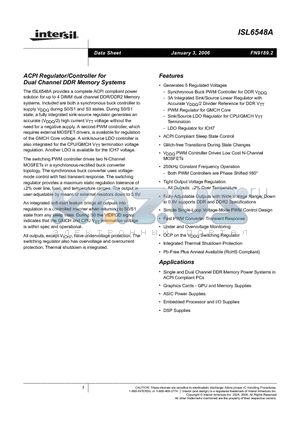 ISL6548ACRZA datasheet - ACPI Regulator/Controller for Dual Channel DDR Memory Systems