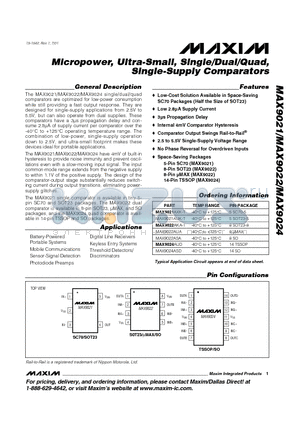 MAX9024 datasheet - Micropower, Ultra-Small, Single/Dual/Quad, Single-Supply Comparators