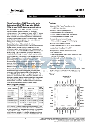 ISL6568CR datasheet - Two-Phase Buck PWM Controller with Integrated MOSFET Drivers for VRM9, VRM10, and AMD Hammer Applications