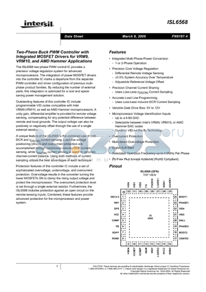ISL6568IRZA-T datasheet - Two-Phase Buck PWM Controller with Integrated MOSFET Drivers for VRM9, VRM10, and AMD Hammer Applications