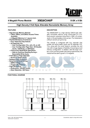 XM28C040PI-15 datasheet - High Density 5 Volt Byte Alterable Nonvolatile Memory Array