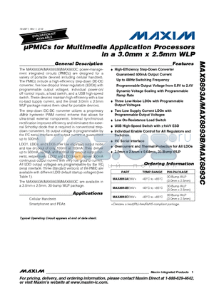 MAX8893CEWV+ datasheet - lPMICs for Multimedia Application Processors in a 3.0mm x 2.5mm WLP