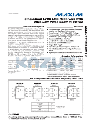 MAX9111 datasheet - Single/Dual LVDS Line Receivers with Ultra-Low Pulse Skew in SOT23