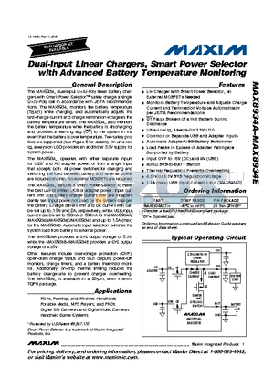 MAX8934E datasheet - Dual-Input Linear Chargers, Smart Power Selector with Advanced Battery Temperature Monitoring