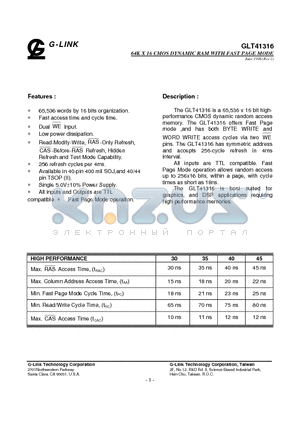 GLT41316-30TC datasheet - 64K X 16 CMOS DYNAMIC RAM WITH FAST PAGE MODE