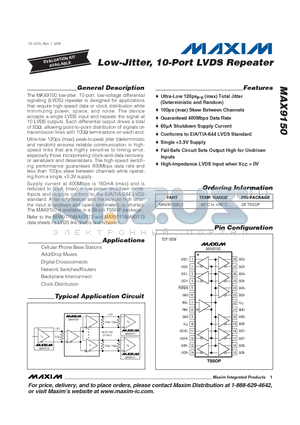 MAX9150 datasheet - Low-Jitter, 10-Port LVDS Repeater