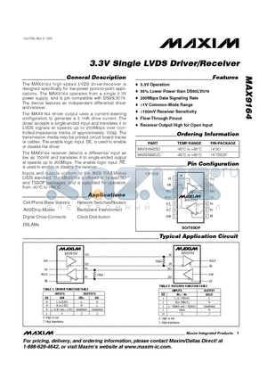 MAX9164 datasheet - 3.3V Single LVDS Driver/Receiver