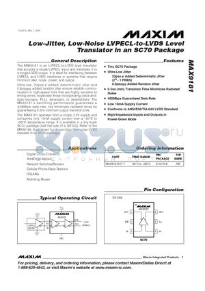 MAX9181 datasheet - Low-Jitter, Low-Noise LVPECL-to-LVDS Level Translator in an SC70 Package
