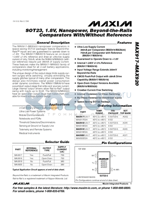 MAX918EUK-T datasheet - SOT23, 1.8V, Nanopower, Beyond-the-Rails Comparators With/Without Reference