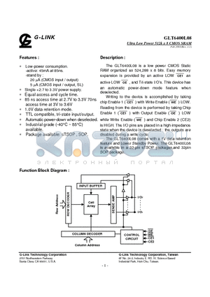 GLT6400L08LL-70FC datasheet - Ultra Low Power 512k x 8 CMOS SRAM