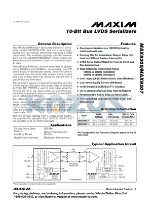 MAX9205 datasheet - 10-Bit Bus LVDS Serializers