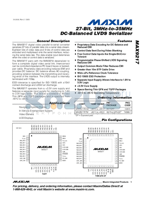 MAX9217 datasheet - 27-Bit, 3MHz-to-35MHz DC-Balanced LVDS Serializer