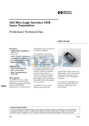 XMT5170B-622-AS datasheet - 622 Mb/s Logic Interface DFB Laser Transmitter