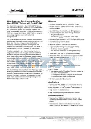 ISL6614BIBZ datasheet - Dual Advanced Synchronous Rectified Buck MOSFET Drivers with Pre-POR OVP