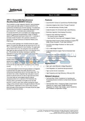 ISL6622A datasheet - VR11.1 Compatible Synchronous Rectified Buck MOSFET Drivers