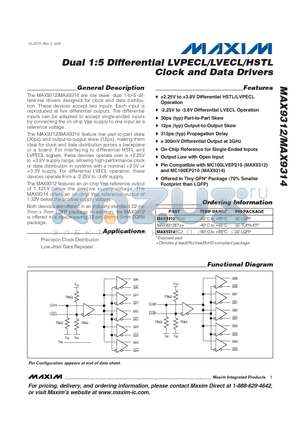 MAX9314ECJ datasheet - Dual 1:5 Differential LVPECL/LVECL/HSTL Clock and Data Drivers