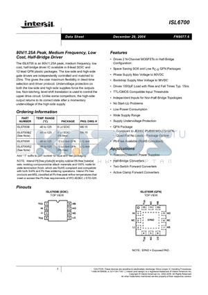 ISL6700 datasheet - 80V/1.25A Peak, Medium Frequency, Low Cost, Half-Bridge Driver