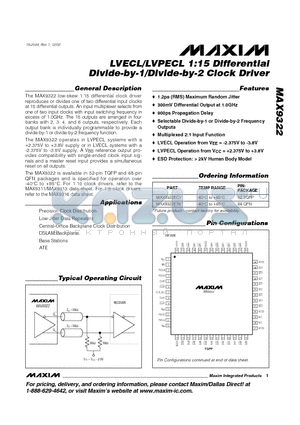 MAX9322 datasheet - LVECL/LVPECL 1:15 Differential Divide-by-1/Divide-by-2 Clock Driver