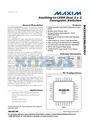 MAX9392 datasheet - Anything-to-LVDS Dual 2 x 2 Crosspoint Switches