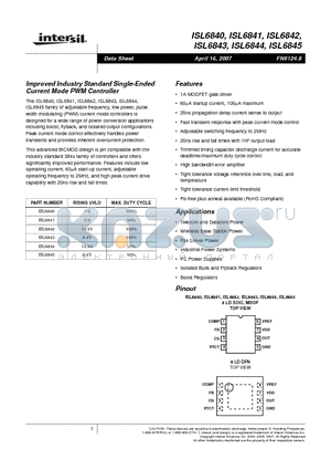 ISL6843 datasheet - Improved Industry Standard Single-Ended Current Mode PWM Controller