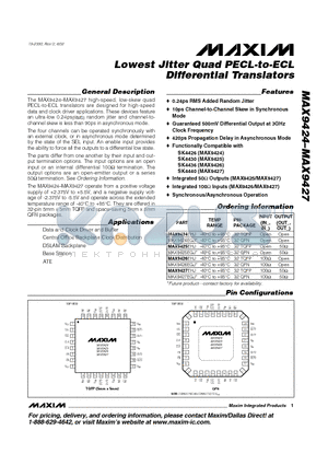 MAX9424 datasheet - Lowest Jitter Quad PECL-to-ECL Differential Translators
