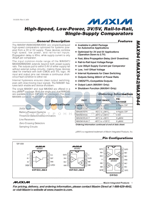 MAX941EUA-T datasheet - High-Speed, Low-Power, 3V/5V, Rail-to-Rail, Single-Supply Comparators