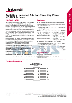 ISL74422ARHY/SAMPLE datasheet - Radiation Hardened 9A, Non-Inverting Power Radiation Hardened 9A, Non-Inverting Power