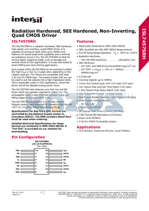 ISL7457SRHX/SAMPLE datasheet - Radiation Hardened, SEE Hardened, Non-Inverting, Quad CMOS Driver