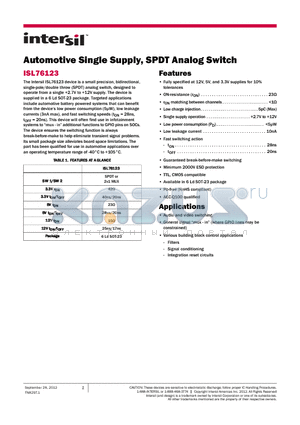 ISL76123 datasheet - Automotive Single Supply, SPDT Analog Switch