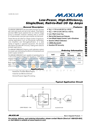 MAX9615 datasheet - Low-Power, High-Efficiency, Single/Dual, Rail-to-Rail I/O Op Amps