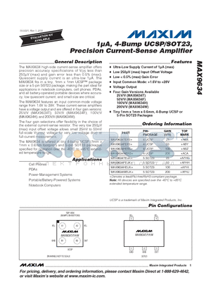 MAX9634HERS+ datasheet - 1lA, 4-Bump UCSP/SOT23, Precision Current-Sense Amplifier