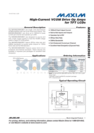 MAX9650AZK+ datasheet - High-Current VCOM Drive Op Amps for TFT LCDs