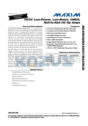 MAX9637AXA+ datasheet - 3V/5V Low-Power, Low-Noise, CMOS, Rail-to-Rail I/O Op Amps