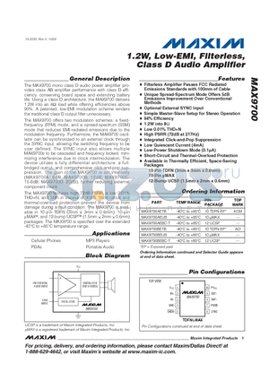 MAX9700CEUB datasheet - 1.2W, Low-EMI, Filterless, Class D Audio Amplifier