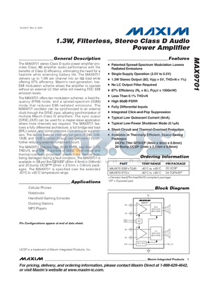 MAX9701 datasheet - 1.3W, Filterless, Stereo Class D Audio Power Amplifier