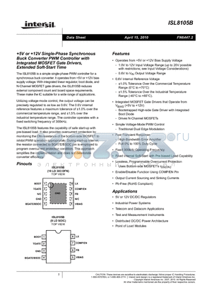 ISL8105BIRZ datasheet - 5V or 12V Single-Phase Synchronous Buck Converter PWM Controller with Integrated MOSFET Gate Drivers, Extended Soft-Start Time