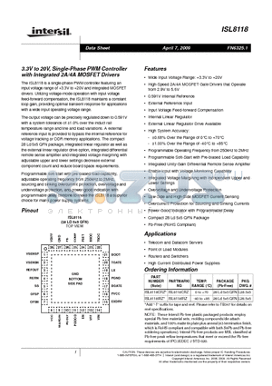 ISL8118CRZ datasheet - 3.3V to 20V, Single-Phase PWM Controller with Integrated 2A/4A MOSFET Drivers