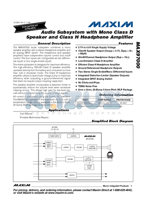 MAX97000EWA+ datasheet - Audio Subsystem with Mono Class D Speaker and Class H Headphone Amplifier