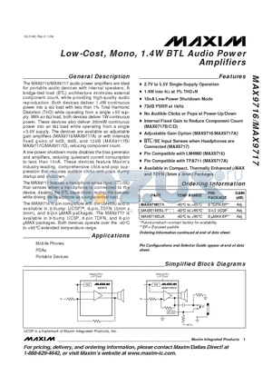 MAX9716 datasheet - Low-Cost, Mono, 1.4W BTL Audio Power Amplifiers