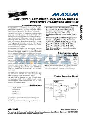 MAX97200 datasheet - Low-Power, Low-Offset, Dual Mode, Class H DirectDrive Headphone Amplifier