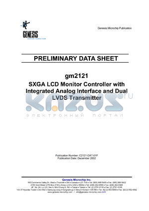 GM2121 datasheet - SXGA LCD Monitor Controller with Integrated Analog Interface and Dual LVDS Transmitter
