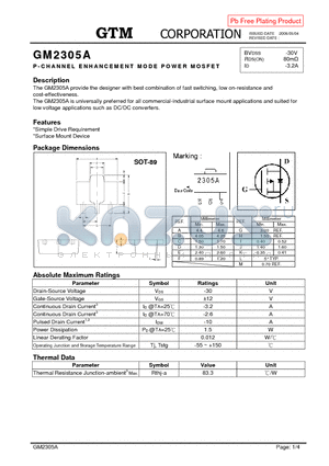 GM2305A datasheet - P-CHANNEL ENHANCEMENT MODE POWER MOSFET