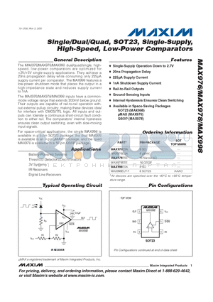 MAX976ESA datasheet - Single/Dual/Quad, SOT23, Single-Supply, High-Speed, Low-Power Comparators