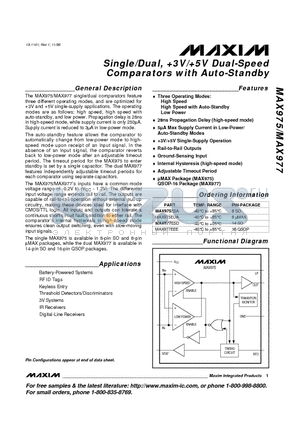 MAX977EEE datasheet - Single/Dual, 3V/5V Dual-Speed Comparators with Auto-Standby