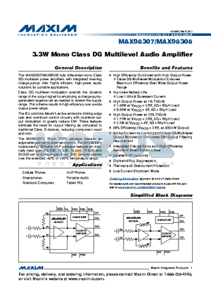 MAX98307 datasheet - 3.3W Mono Class DG Multilevel Audio Amplifier Excellent RF Immunity