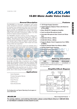 MAX9860ETG+ datasheet - 16-Bit Mono Audio Voice Codec