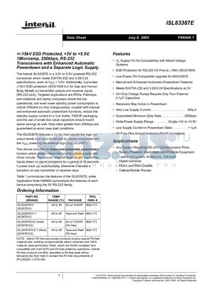 ISL83387E datasheet - /-15kV ESD Protected, 3V to 5.5V, 1Microamp, 250kbps, RS-232 Transceivers with Enhanced Automatic Powerdown and a Separate Logic Supply