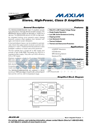 MAX98400BETG+ datasheet - Stereo, High-Power, Class D Amplifiers