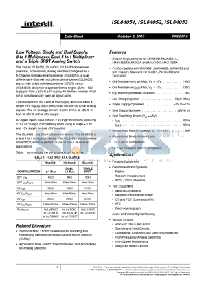 ISL84051IB datasheet - Low Voltage, Single and Dual Supply, 8 to 1 Multiplexer, Dual 4 to 1 Multiplexer and a Triple SPDT Analog Switch